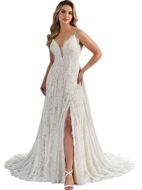 Azazie Diamond White Floral Lace & Champagne Nwt James Front Slit Wedding Dress